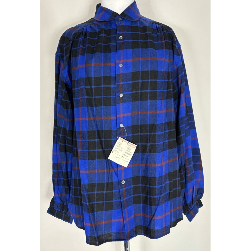 REAL CLOTHES Saks Fifth Ave Blue Black Red Plaid Wool Cotton Blend Shirt Size 16